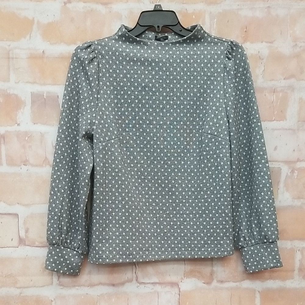 Talbots Gray Blouse with White Polka Dots